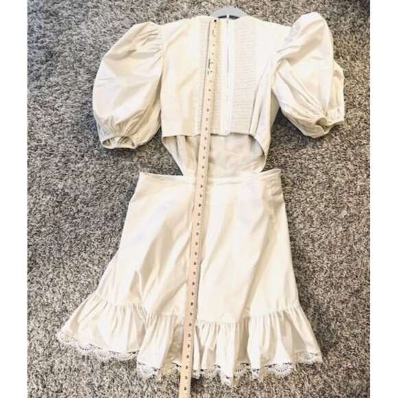 Keepsake Asymmetric Beige Short Puffy Sleeves Open Cut Waist Ruffled Hem Dress 8 - Picture 9 of 9